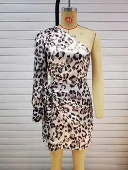 Bohém Ihletett leopárdmintás átlós gallér, hosszú ujjú mini ruha masnival kötött elegáns tavaszi nyári ruha elegáns, szexi női ruha