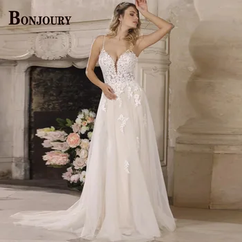 BONJOURY Pastrol Esküvői Ruhák Női V-Nyakú 2023 Menyasszony Spagetti Pánt Appliqués Backless szabott Vestido De Novia