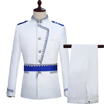 fehér, navy, Katonai tengerész Őr zakó Öltöny színpadi Jelmez öv Ruha Virágos Európai Királyi Herceg Hivatalos Jelmez
