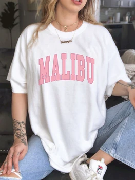 Malibu Város Nyomtatott Nő Pamut Póló Vintage Alkalmi Személyiség Rövid Ujjú Túlméretes Sleeve Puha Felsők Női Póló Ruha