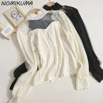 Nomikuma Csipke-Ing Női Őszi Téli 2023 Új Divat Mélypont Felső Hosszú Ujjú Fele Magas Gallér Koreai Háló Patchwork Tshirt