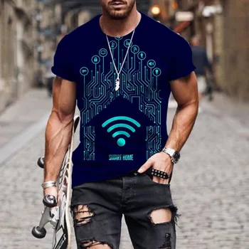 Nyáron a Férfiak Trend T-shirt Személyiség Technológiai Értelemben Adatok Minta Póló Divat Rövid Ujjú 3D Nyomtatott Alkalmi Streetwear