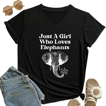 Női Rövid Ujjú Felsők Pólók Harajuku Elefántok Ruhát, Csak Egy Lány, Aki Szeret az Elefánt Tshirt Nyári V Nyakú Női póló