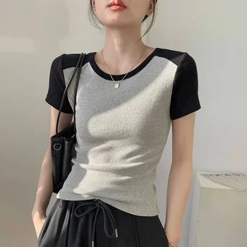 O Nyakú Női Splicing Rövid ujjú póló Női Nyári koreai Harajuku Divat Vintage Slim Alapvető Szexi Streetwear Retro Felső