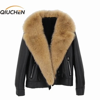 QIUCHEN PJ21093 Új érkezés valódi bőr kabát női téli kabát igazi róka szőrme gallér, s prémes trim magas minőség