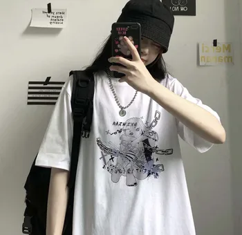 Retrostyle póló, utcai női Gótikus póló nyári új stílus Ins Harajuku plus size laza nyomtatás felső Póló Punk nők is mersz-shirt
