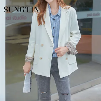 Sungtin Koreai Stílusú Dupla Soros Blézer Nők Office Lady Divat Egyszínű Vintage Kabátok Női Kockás Elegáns Kabát