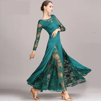 Szexi csipke társastánc ruha a nő hosszú ujjú keringő, tangó tánc ruhák standard ruha fekete/piros/kék/zöld