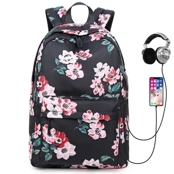 Vízálló Nylon Virágos Iskola Hátizsák Gyerek Táskák Egyetemista Lányok Bookbag Daypack Töltés USB Port Utazási Laptop Hátizsák