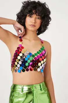 2023 Design, Multi-color Bling Akril gyöngyfűzés Női kombiné Pántos Üreges Ki Bikini Felsőben Szexi Rövid Flitteres Felső Test Lánc