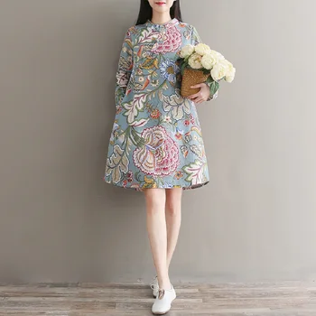 A Kínai Nemzeti Stílus Tavaszi Őszi Mini Ruha Gyönyörű Nyomtatott Femininos Dresss Túlméretezett Pamut Vászon Divatos Ruha Nőknek