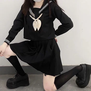 A nők, Szexi, Fekete JK Öltönyös Japán Iskolai Egyenruha Style S-3xl Tanuló Lányok Haditengerészet Jelmez Matróz Blúz Rakott Szoknya Szett
