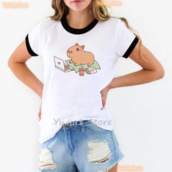 Aranyos A Vízidisznó Szereti A Bubble Tea Állat Print Póló Lányok Nyári Felsők Póló Femme Harajuku Aranyos Ruha T-Shirt Streetwear