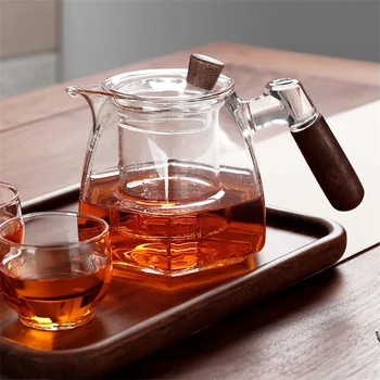 Janpanese hőálló Hatszögletű Üveg Teáskanna Fa Fogantyú Kínai teaszertartás Átlátszó Teawear Meghatározott Kupa Szűrő Teaware