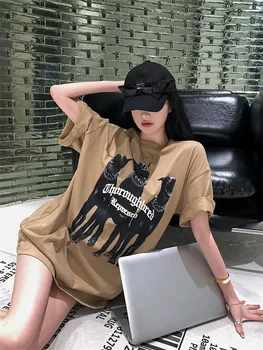 Koreai Kutya Nyomtatott Rövid Ujjú póló Női Túlméretezett Tshirts 2022 Nyári Divatos hongkongi Stílus Laza O-nyakú Felső