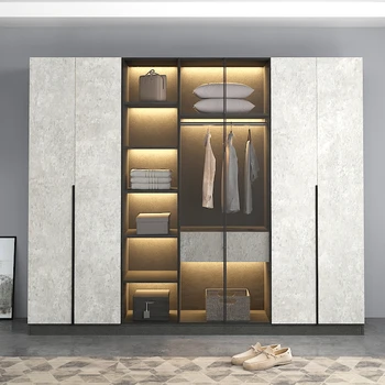 Minimális üveg ajtós szekrény Háztartási luxus tömör fa tolóajtó hálószoba teljes szekrény