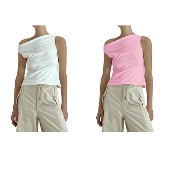Női Alkalmi Ki Váll Crop Top Nyári Egyszínű Ujjatlan T-Shirt Forró Lányok Scoop Nyak Rugalmas Blúz Ing Streetwear