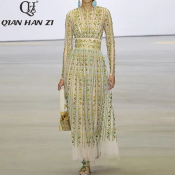 Qian Han Zi tervező futópálya maxi ruha 2023 Új női Hosszú ujjú Klasszikus Háló Virág hímzéssel, Hosszú ruha