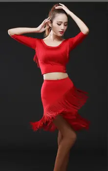 Szilárd Piros/Fekete Latin Maximum & Szoknya Béren Kívüli Tassel Verseny Latin Ruhák Junior Salsa/Tangó Tánc Ruhát A Lányok Dancewear
