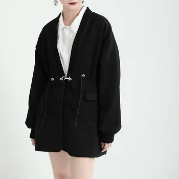 Téli elegáns, egyszerű, fekete zsinórral, plusz bársony kabát női laza sziluett köpeny felső téli kabátok