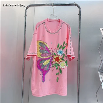 WHITNEY WANG Divattervező, Stílus 2023 Nyári Divat Streetwear Flitterekkel Gyöngyfűzés Pillangós Póló Női Póló Hölgy Maximum